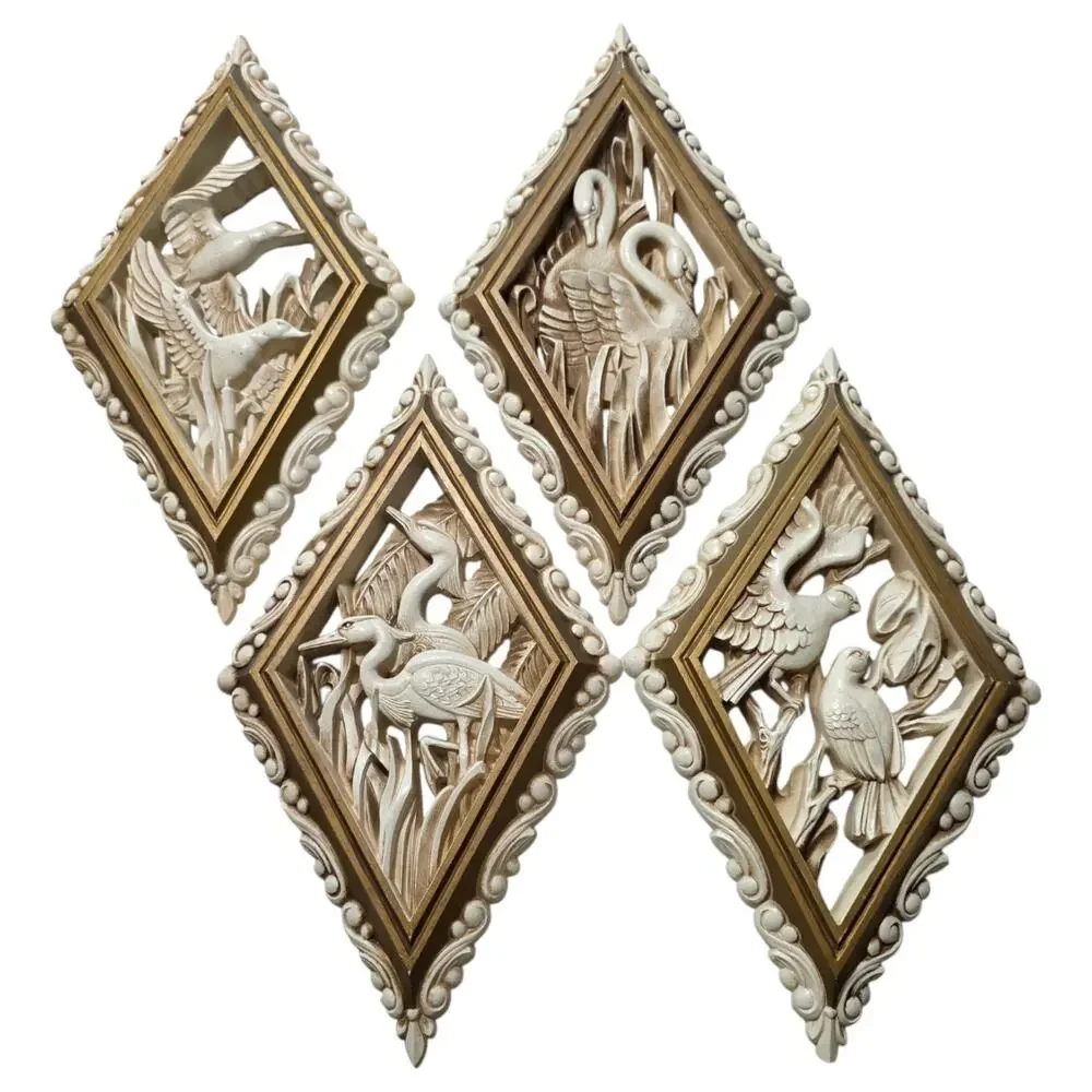 Vintage 1973 Burwood Bird Wall Plaques Set 4 Diamond Cream Gold 18